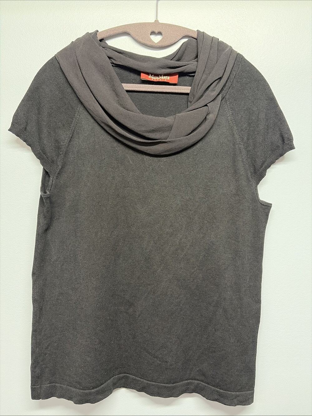 MaxMara Black Cowl Neck Short Sleeve Top - Women's Sz Large - Wool/Silk Blend